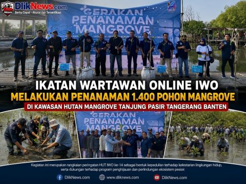Pengurus Ikatan Wartawan Online (IWO) bersama peserta melakukan penanaman 1.400 pohon mangrove di Hutan Mangrove Tanjung Pasir, Kabupaten Tangerang, Banten.