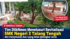 Kondisi dua ruang kelas SMK Negeri 3 Talang Tengah yang dibongkar dalam pekerjaan revitalisasi sekolah