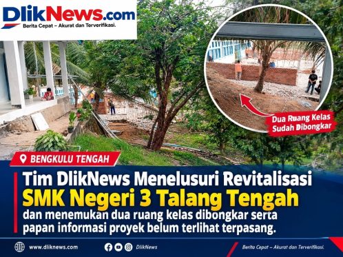 Kondisi dua ruang kelas SMK Negeri 3 Talang Tengah yang dibongkar dalam pekerjaan revitalisasi sekolah